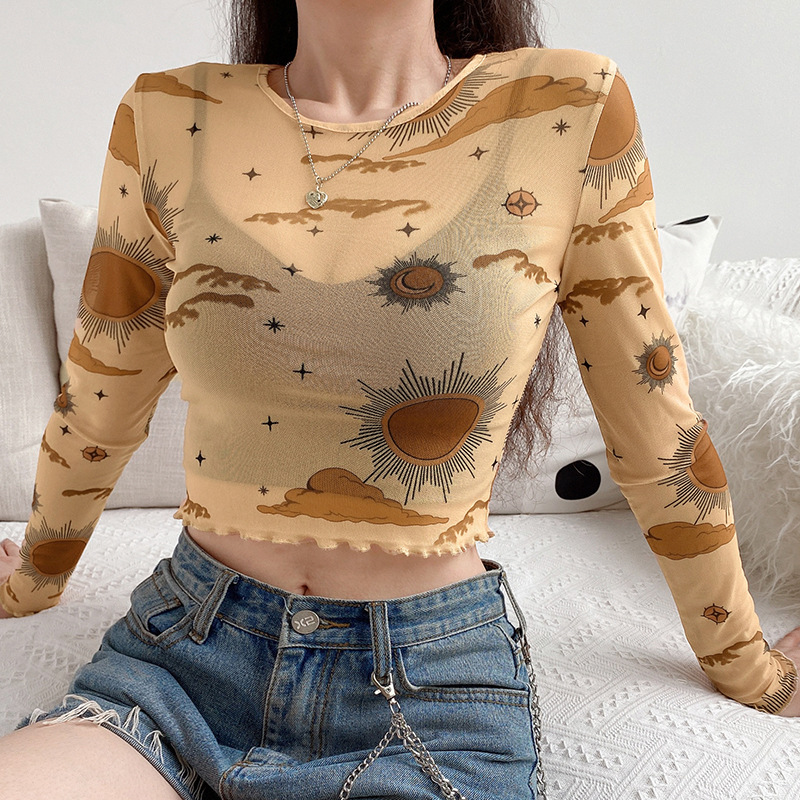 prints gauze perspective long-sleeved T-shirts NSLQ33726