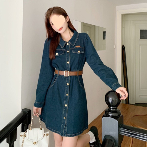 Large size retro collar, long-sleeved denim dress, women's spring new dress, fat cover the belly and show slimming