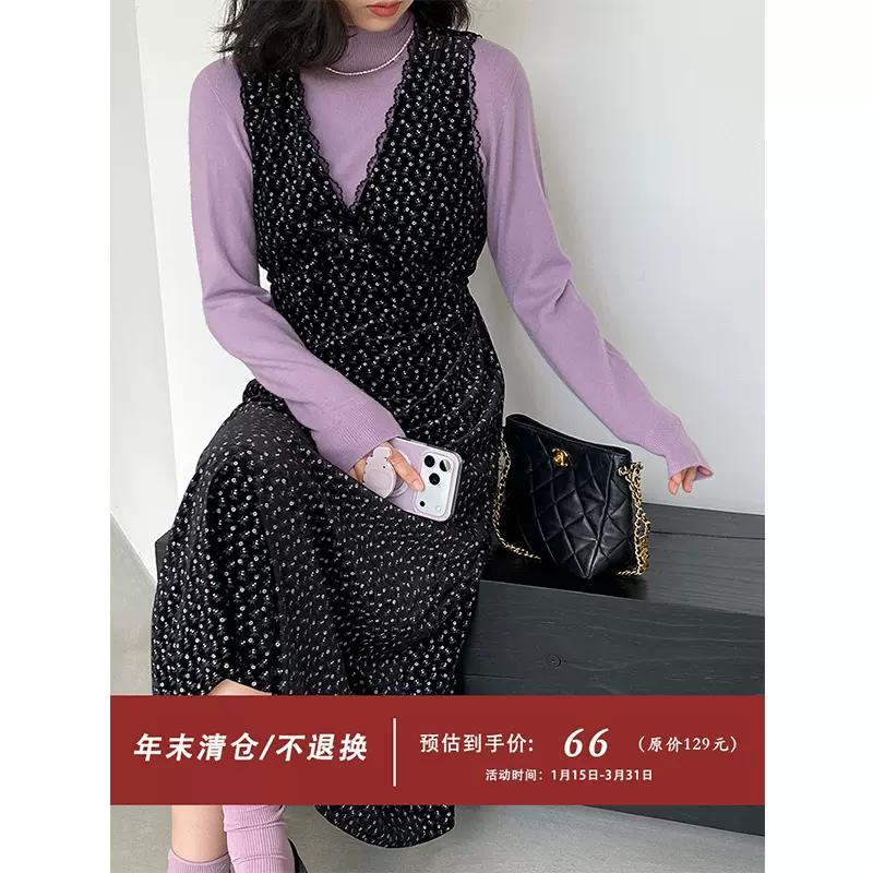 【福利款 不退换】江左 法式复古碎花V领蝴蝶结丝绒连衣裙女 1690