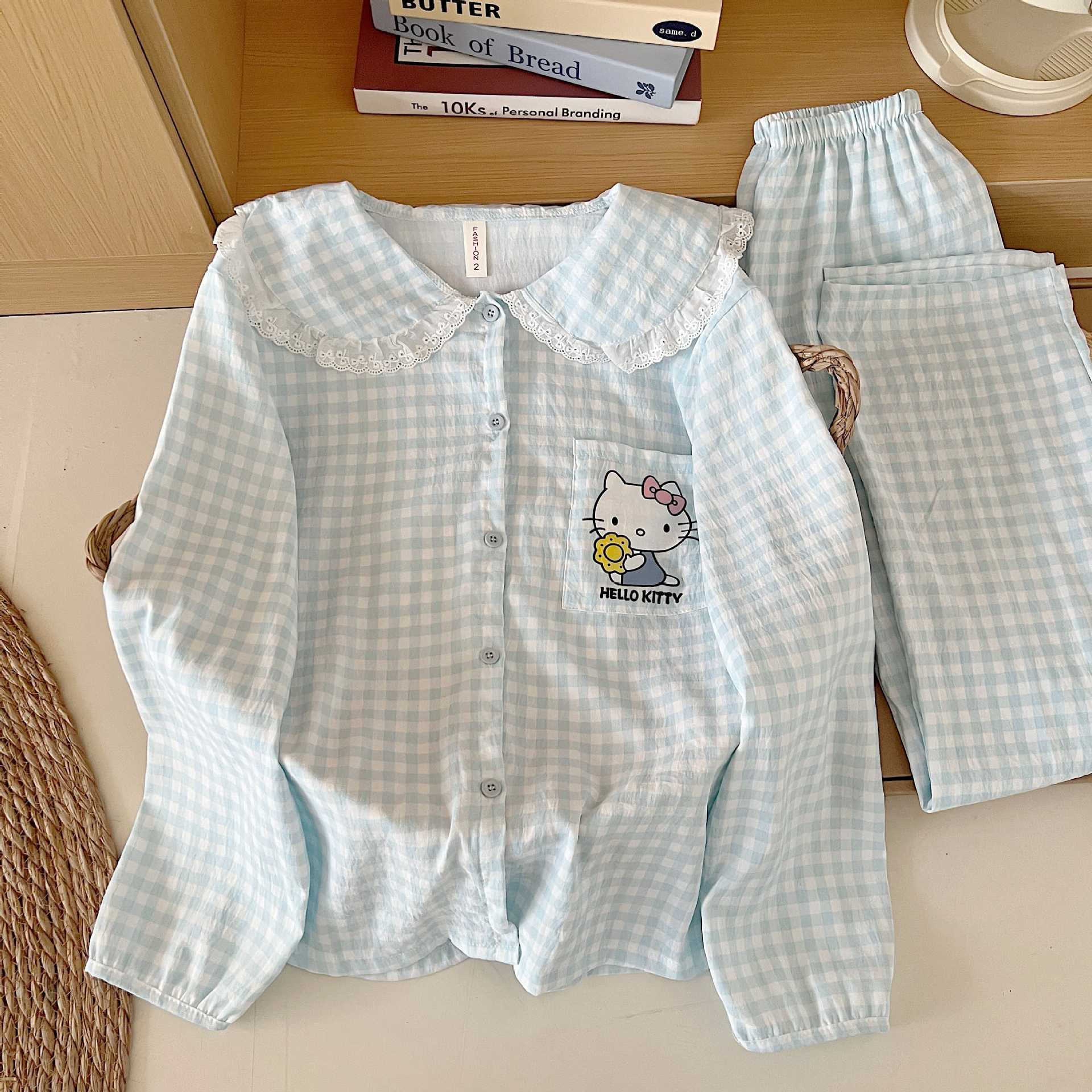 Dolce y lindo encaje de otoño transpirable nuevo algodón nubes pantalones de manga larga camiseta de encaje pijama ropa para el hogar