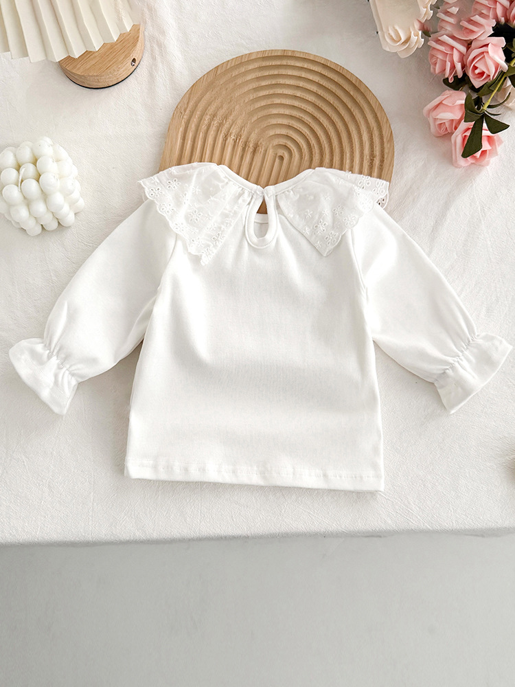 Ins bebé camisa de fondo princesa primavera y otoño top mujer bebé primavera blanco todo fósforo cuello de hoja de loto camiseta de manga larga para niña