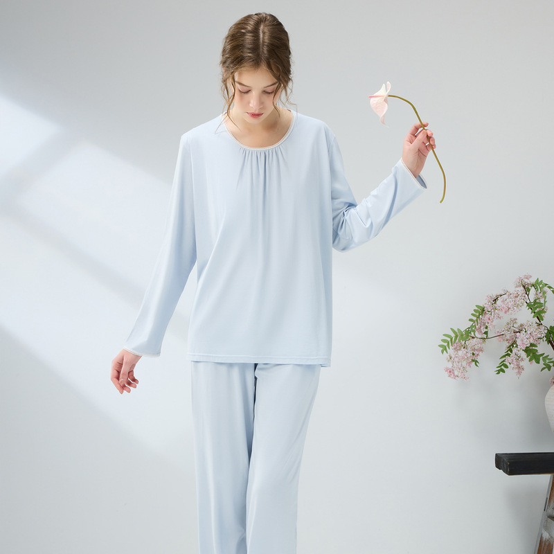 Half-face four-season style, 50-count Lenzing Modal cotton with built-in bra, lace, loose-fitting long-sleeved women's loungewear
