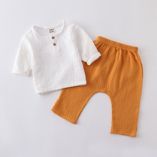 儿童棉麻九分裤套装宝宝春夏薄款棉纱布宽松圆领长袖民族风两件套