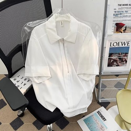 Summer Ice Silk Men's Short Sleeve Streetwear Hooded Half-Zip Shirt 2024 New Summer 5-Button POLO Shirt