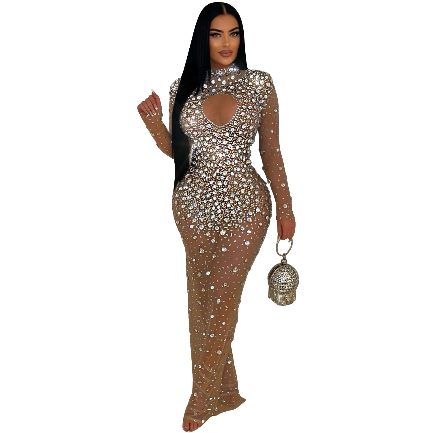 C6993 AliExpress transfronterizo Amazon estación independiente de moda europea y americana ropa de mujer de cuello redondo vestido de diamante caliente vestido largo nuevo image 8