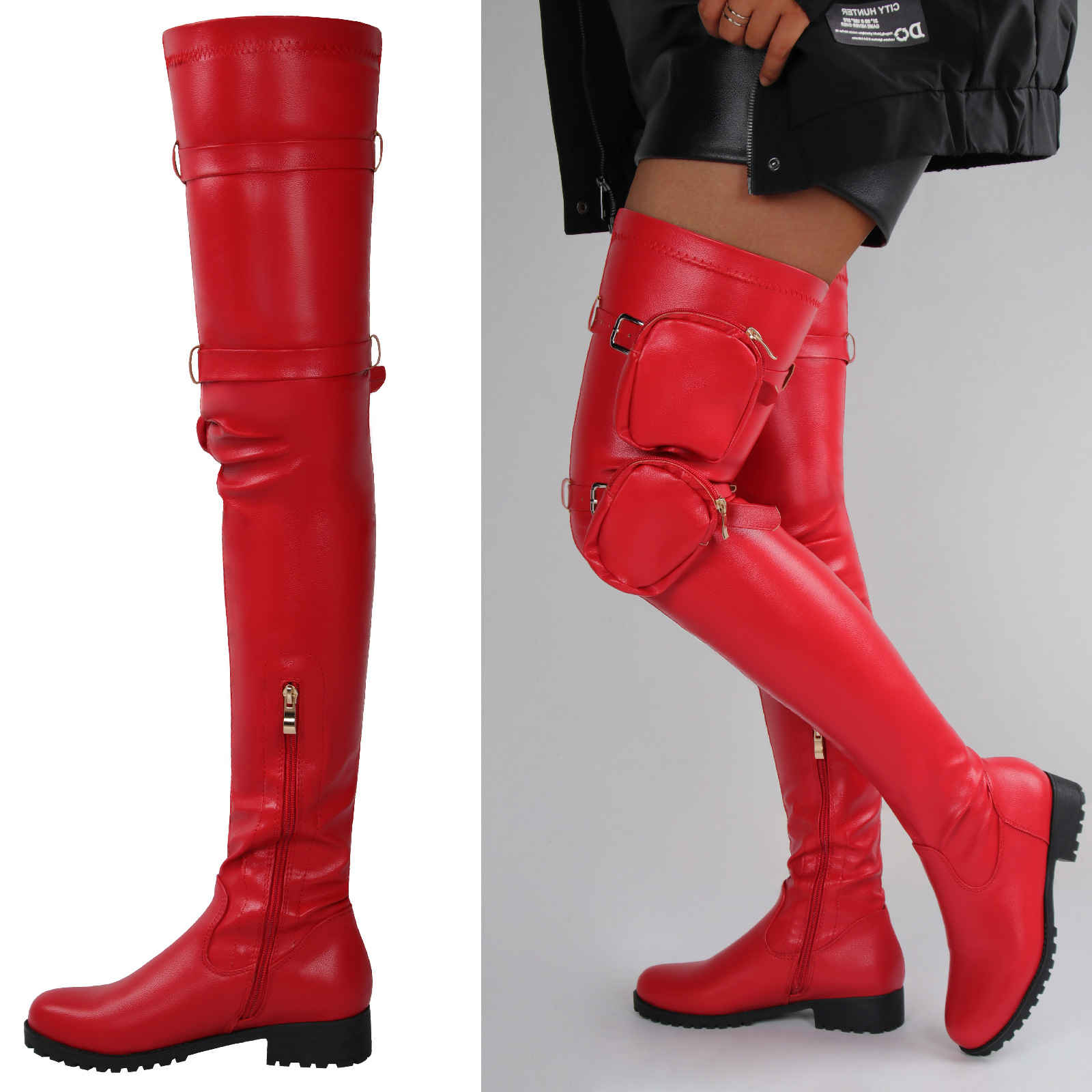 Damen Overknee Stiefel Mit Niedrigem Blockabsatz Und Mini Tasche_voghion.com