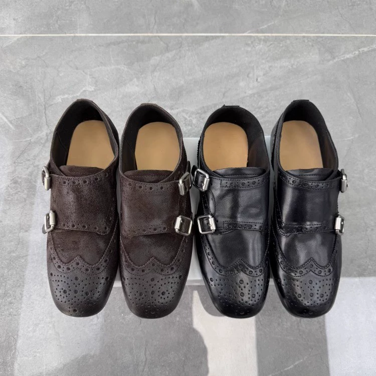 Маленькие кожаные туфли ручной работы, туфли-монашки из мытой воловьей кожи, оксфорды в британском стиле ретро, ​​одиночные туфли с двойной пряжкой для женщин.