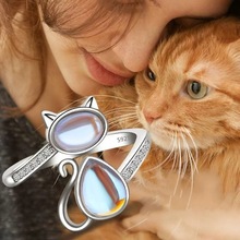 欧美月光石猫咪戒指 简约开口可调节时尚合成宝石动物造型指环