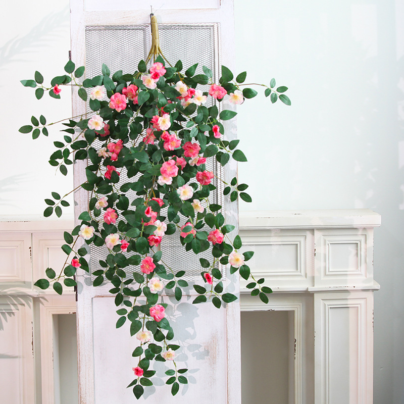 Rose artificial flower rattan wall-mounted hanging decoration indoor living room blocking and beautifying rattan high-end artificial green plants
