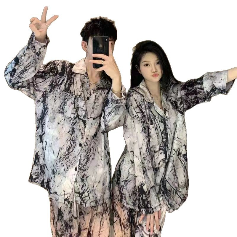 Pajamas de tinta de alto nivel de primavera y otoño de mujeres de manga larga seda de hielo de verano delgada ropa de seda para hombres