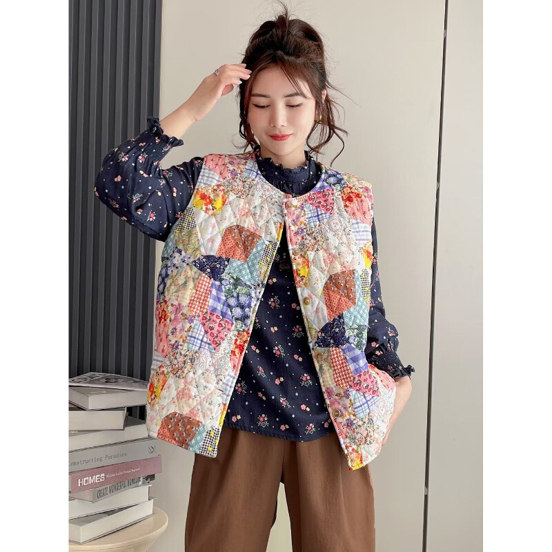 Factory Direct Delivery 2024 Autumn and Winter New Retro Ethnic Style Printed Quilted Cotton Vest for Women Loose and Casual