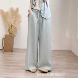 2025夏季新款亚麻休闲裤女文艺时尚纯色松紧腰宽松简约百搭直筒裤