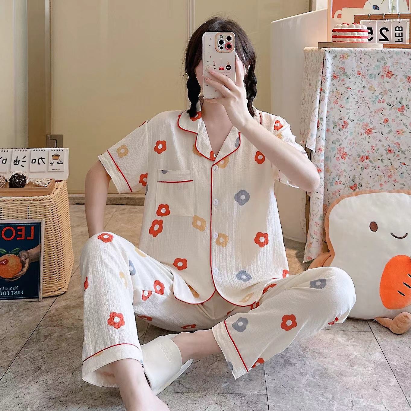 Pajamas de espuma tejidos de verano de algodón pantalones largos de mangas cortas ropa para el hogar de verano delgada de algodón conjunto de dos piezas