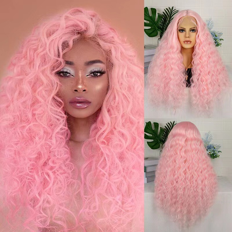 2024 Amazon Cross-Border Wig European and American Women's Front Lace Chemical Fiber Headgear Pink Medium Parted Long Curls