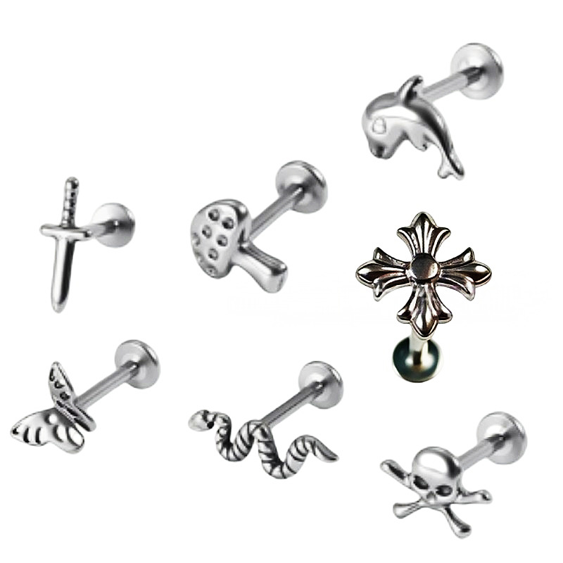 Silver pointed spike labret stud material detail