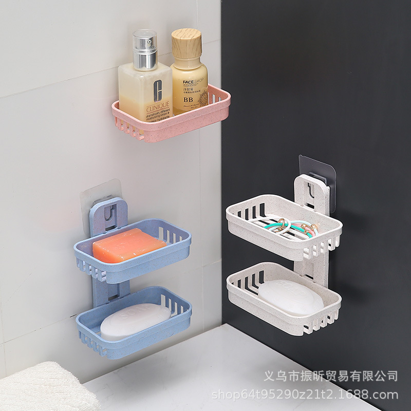 6免打孔肥皂盒卫生间沥水收纳盒壁挂香皂盒浴室置物架吸盘双层皂|ru