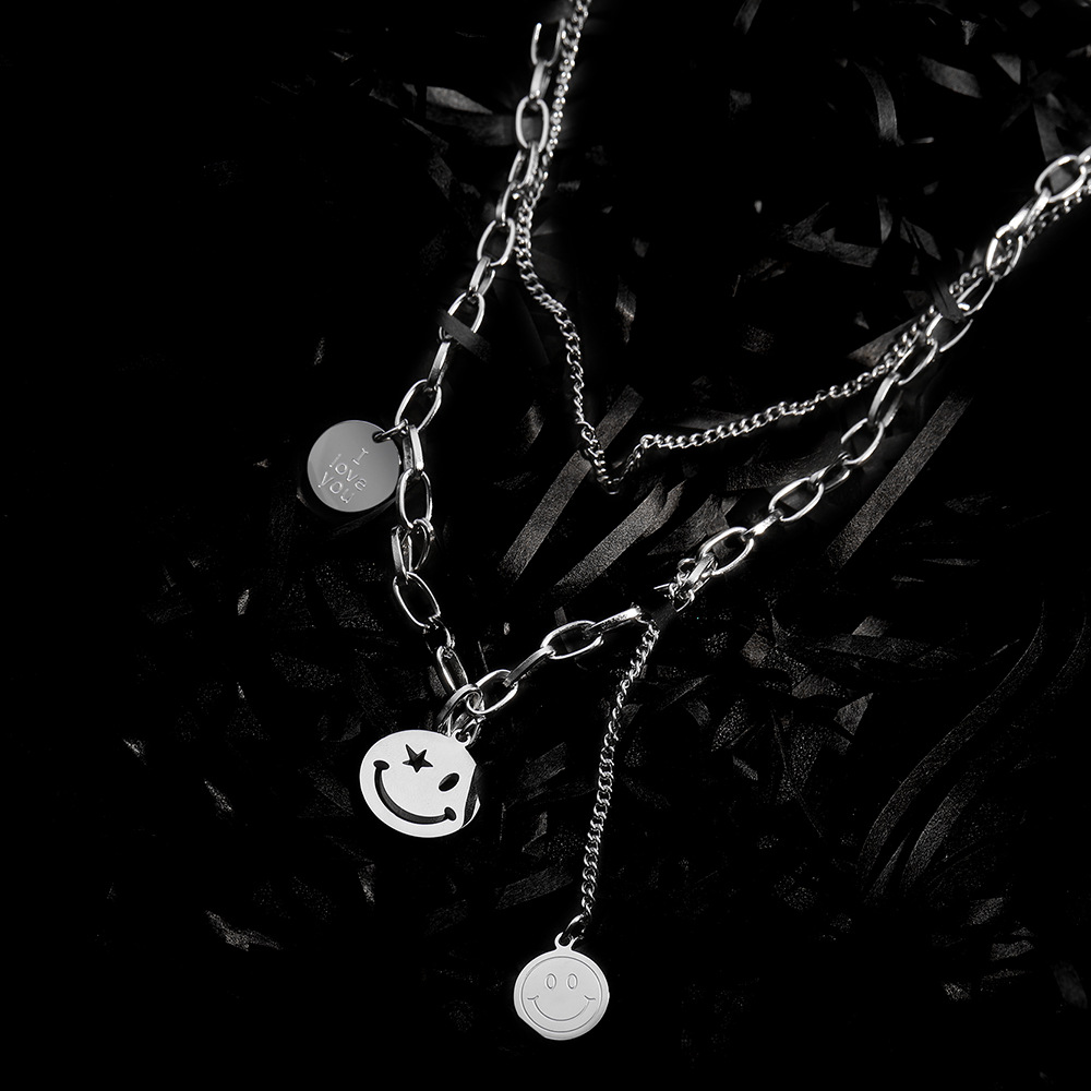 Titanium Steel Smiley Face Necklace Fashion Double-layer Pendant Clavicle Chain Sweater display picture 3