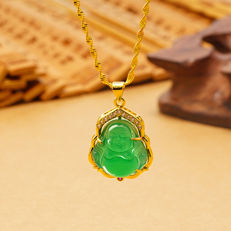 Smiley cara Maitreya Buda COLLAR COLGANTE nuevo con incrustaciones de Calcedonia Buda colgante hembra amuleto portátil colgante
