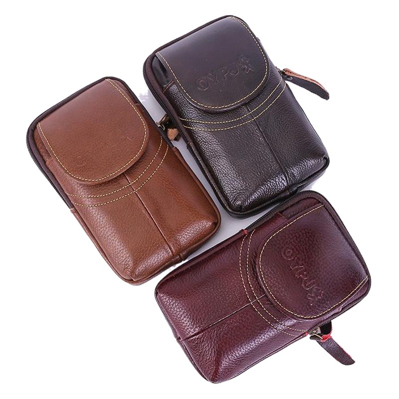 New Multifunctional Genuine Leather Phone Bag for Middle-Aged and Elderly Men, Waist-Mounted Belt Bag, Genuine Leather Phone Bag