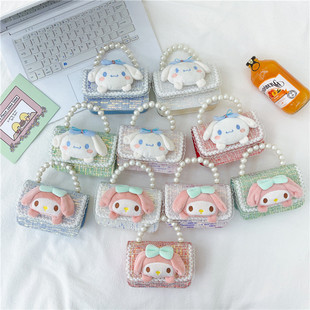 New Pearl Handbag Cotton and Linen Children's Shoulder Bag Mini Small Square Trendy All-match Girls' Chain Princess Coin Purse