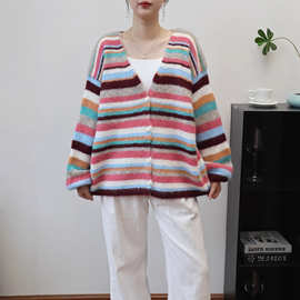 彩色条纹针织开衫2025秋冬新款韩版宽松显瘦慵懒风软糯毛衣外套女