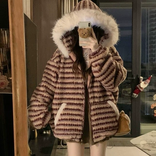 实拍 复古红色条纹毛领连帽羊羔毛外套女秋冬慵懒风宽松休闲棉