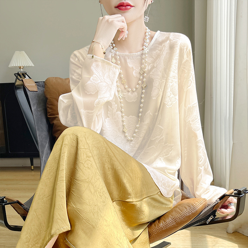 Silk Satin Shirt Women's Round Neck Champagne Long-Sleeved New Loose Design Top Spring and Summer Bottoming Shirt Sun Protection Clothing Silk Satin Shirt Women's Round Neck Champagne Long-Sleeved New Loose Design Top Spring and Summer Bottoming Shirt Sun Protection Clothing