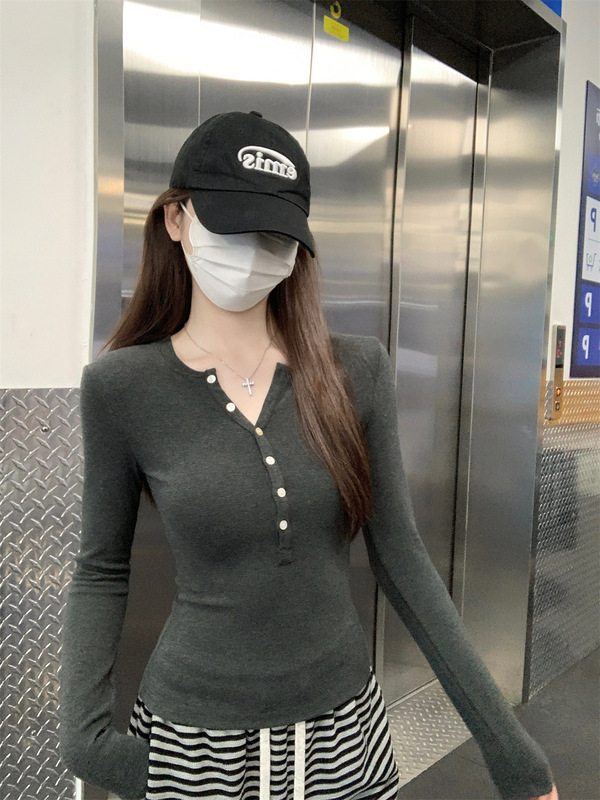 实拍早秋韩版修身收腰半开领纽扣纯色长袖打底衫内搭T恤上衣女装|undefined