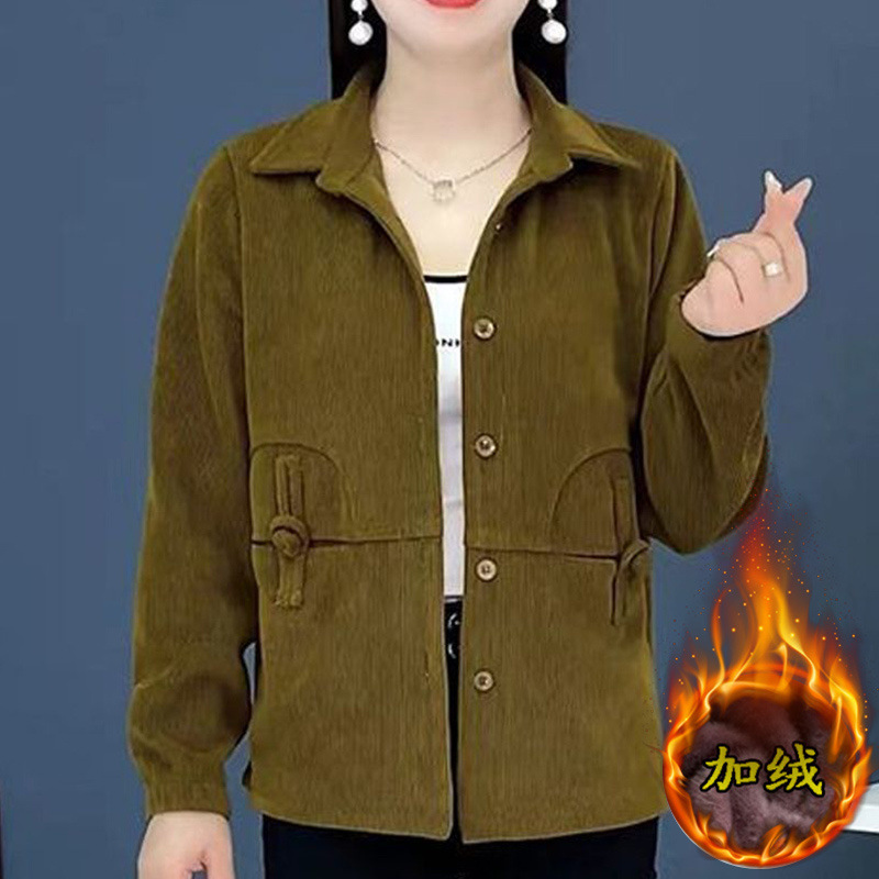 品質中年女裝燈芯絨外套短款上衣2025新款中老年媽媽長袖開衫夾克