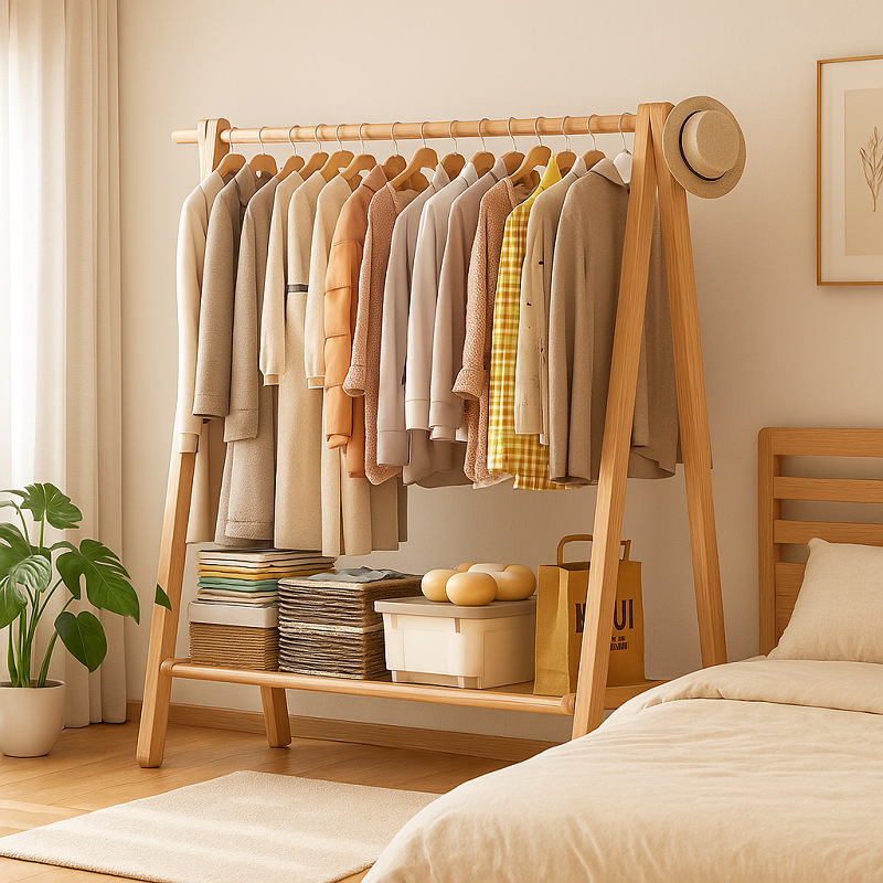 Solid Wood Coat Rack Floor-Standing Bedroom Living Room Clothes Rack Household Clothes Rack Entrance Clothes Rack Indoor Clothes Hanging Rod