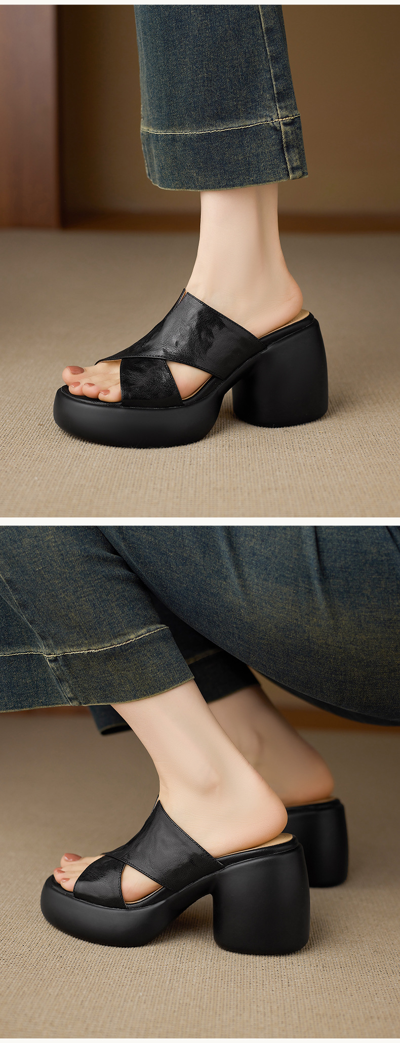 Sandal cao gót nữ quai chéo hở mũi đế platform đế dày gót 9 cm — màu đen, màu trắng ngà chi tiết 9