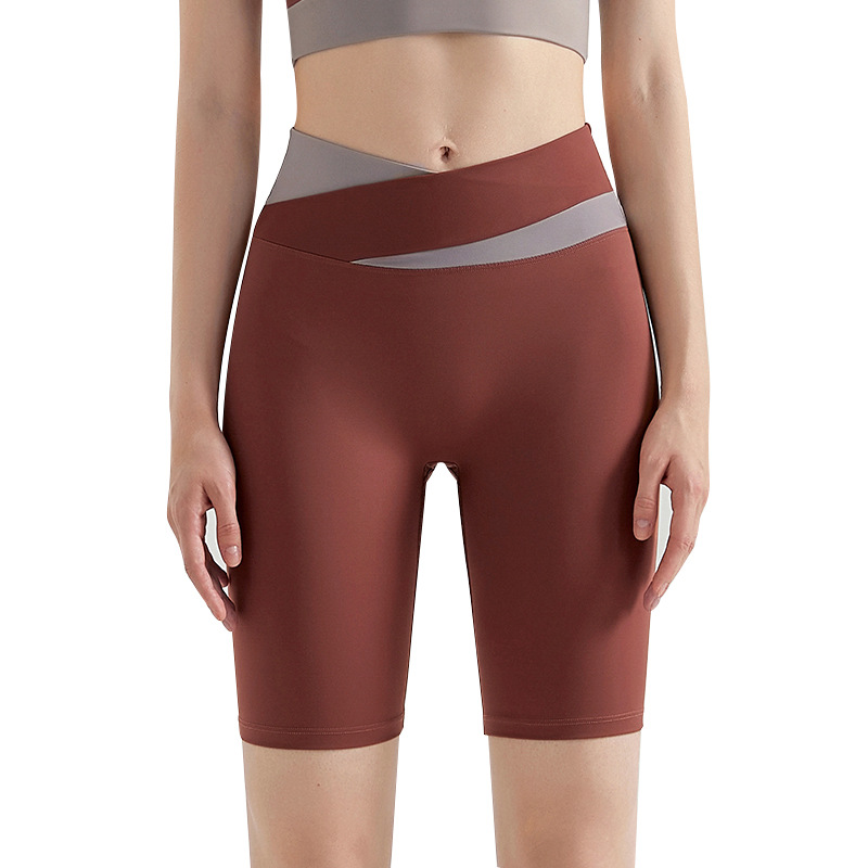 Pantalones cortos de yoga LAHN para mujer, bloques de color, cintura cruzada, cintura alta, levantamiento de glúteos, sin costuras, ajustados, hasta media pierna, fitness.