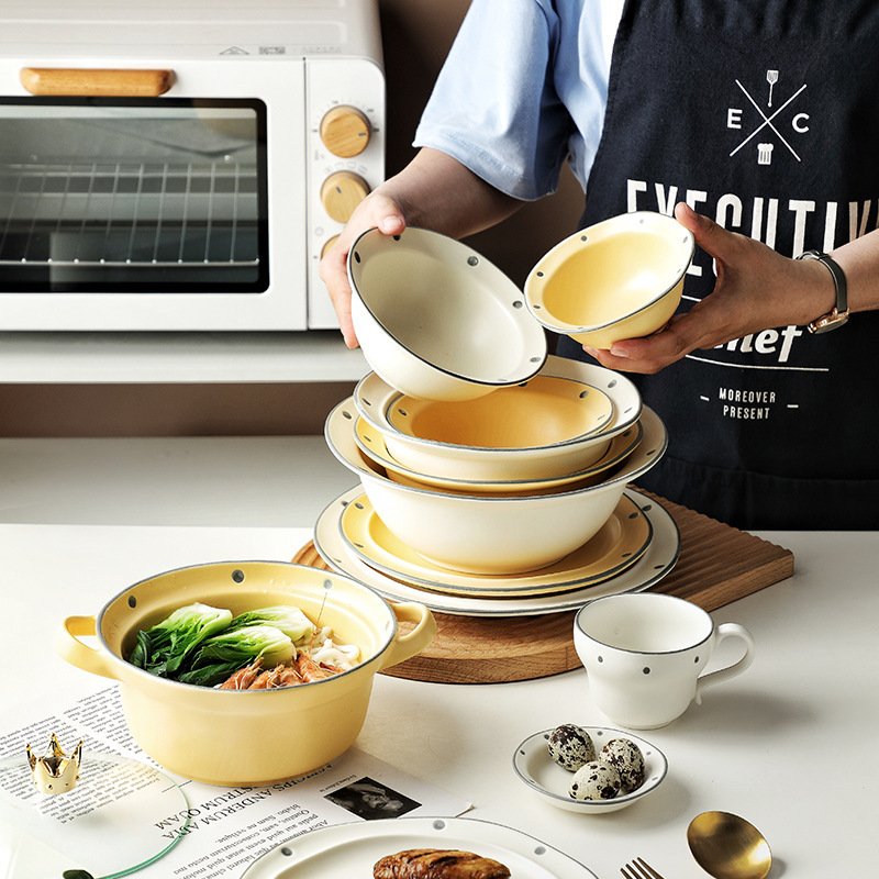 High Beauty Value Nordic Style Tableware suit Household Japanese Style Underglaze Color Plate Bowl and Dish Cream Color Soup Bowl Fish Plate Deep Plate suit