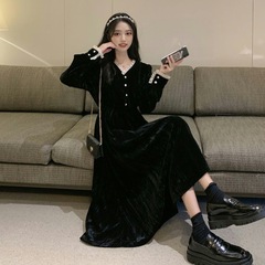 国境を越えたヨーロッパ駅の春秋スカートの子供はvネックの黒いロングスカートの小さい黒いスカートの赫本のフランス式の小さい大衆のワンピースを打ちます。