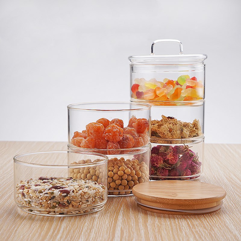 Ensaladera de verduras y frutas de vidrio transparente para el hogar tarro de almacenamiento de vidrio de borosilicato tarro de almacenamiento de bocadillos de frutas secas de múltiples capas