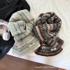费尔岛风不规则条纹设计冬季针织围巾学院风素雅干净可爱围巾女冬