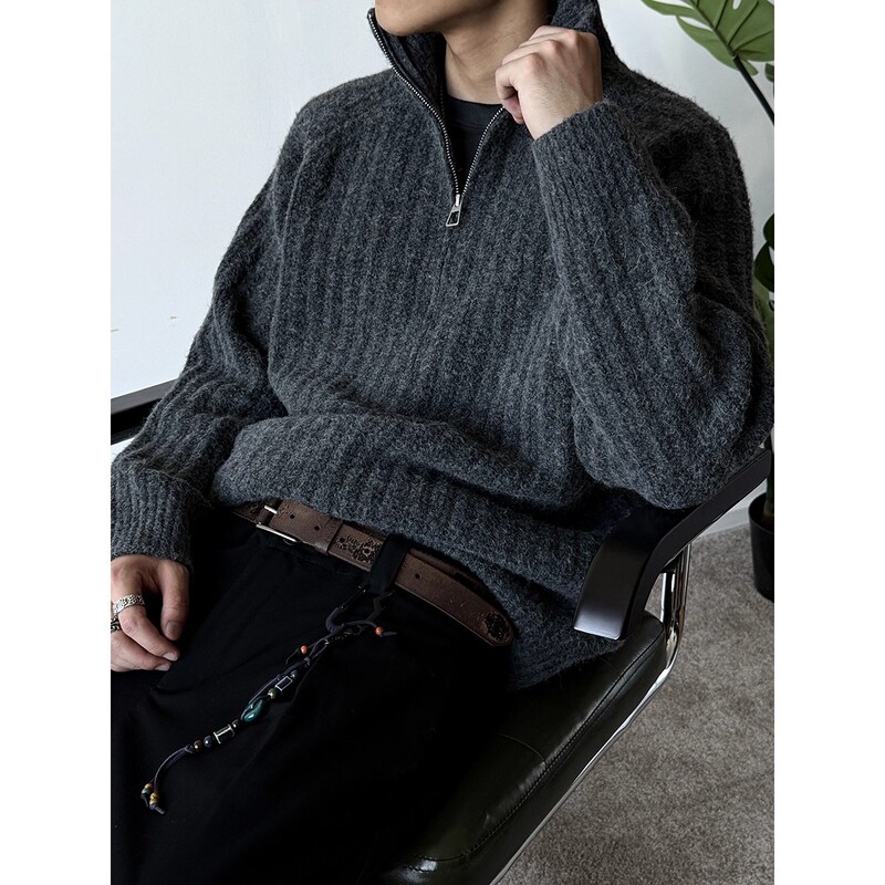 Cleanfit Half-Zip Dark Gray Knitwear Jacket Men's Autumn and Winter Lazy Style Thickeneded Long-Sleeved Stand-Up Collar Knitwear Cleanfit Half-Zip Dark Gray Knitwear Jacket Men's Autumn and Winter Lazy Style Thickeneded Long-Sleeved Stand-Up Collar Knitwear