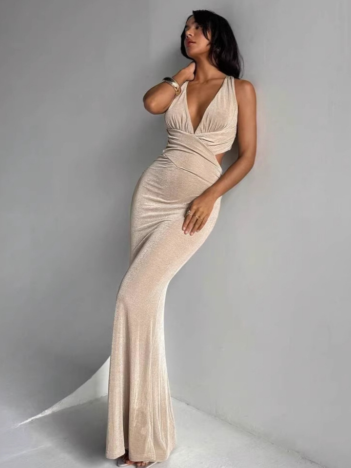 Summer Sexy Backless Hollow Out Long Dress V Neck Slim Fit Glitter Women's Fashion Elegant Dress_ecoleips.com