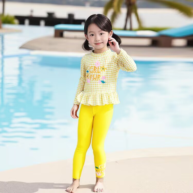 Factory Direct Sales Kidsren's Swimsuit Girls Plaid Cartoon Sun Protection Long-Sleeved Pants Split Two-Piece Kidsren's Swimsuit