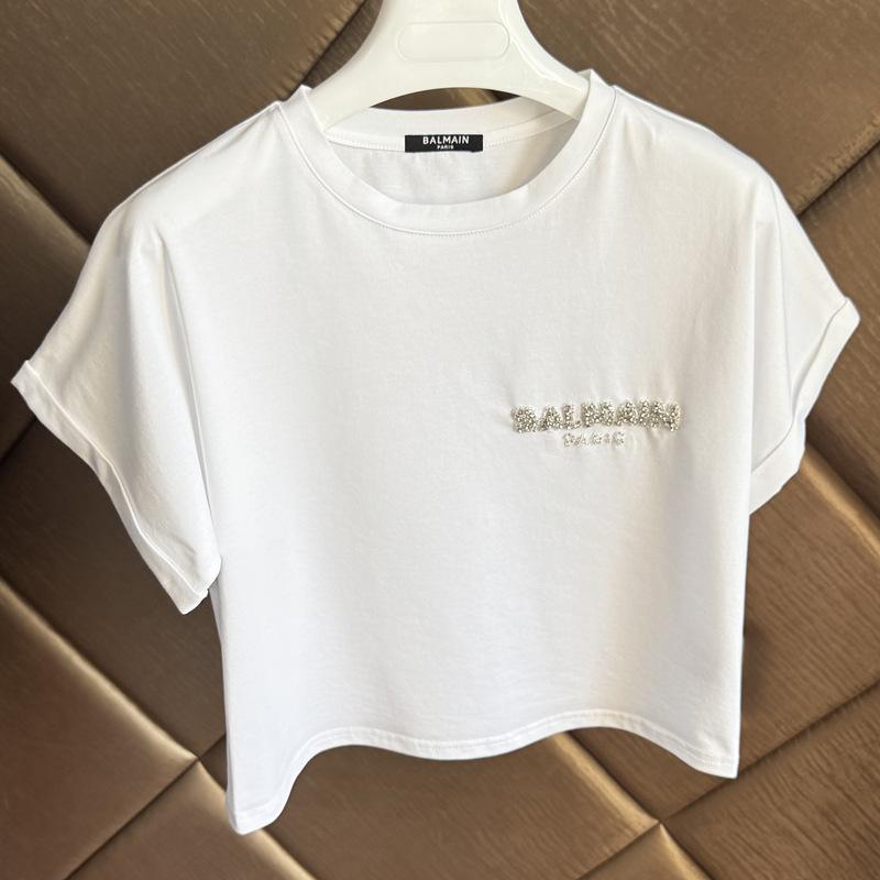 Short Balmain T-Shirt for Women, 2025 New Model, Hand-Stitched with Rhinestones, Slim-Fit, Unique Design Top