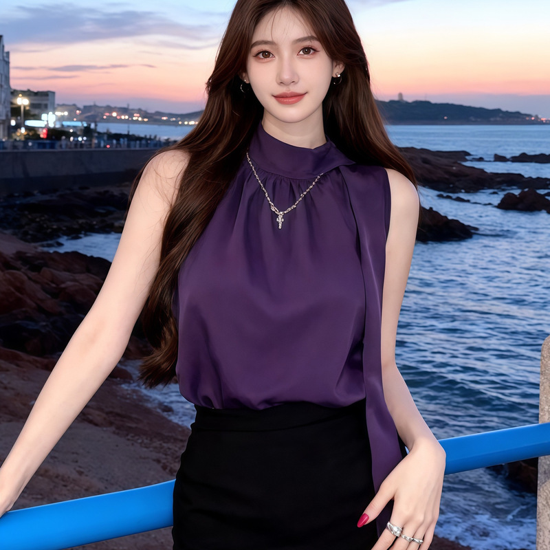 French-Style Chic Scarf Collar Sleeveless Shirt for Women, 2026 Summer New Model, Mature and Intellectual Style, Purple Top French-Style Chic Scarf Collar Sleeveless Shirt for Women, 2026 Summer New Model, Mature and Intellectual Style, Purple Top