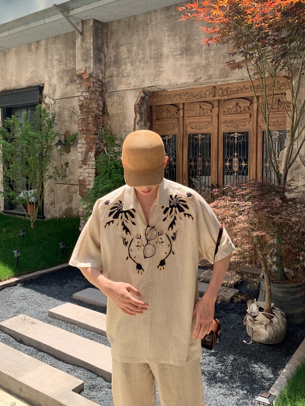 American Retro Heavy Embroidery Vacation Style Linen Casual Short-Sleeve Polo Shirt for Men Summer Trendy Old Money Style Shirt