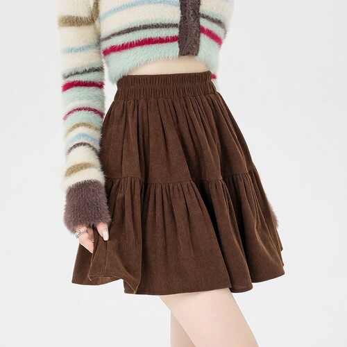 Puffy coffee color European cotton wool autumn and winter skirt elastic waist New elastic high waist slimming short skirt