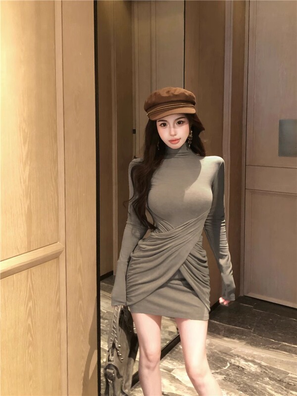 Elegant High Collar Long-sleeved dress Women's Autumn and Winter Cross-pleated Slim-fit Hip Skirt Pure Wish-waist Slimming Short Skirt Elegant High Collar Long-sleeved dress Women's Autumn and Winter Cross-pleated Slim-fit Hip Skirt Pure Wish-waist Slimming Short Skirt