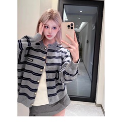韩系灰色条纹毛衣开衫女早秋miu系小香风轻奢针织衫上衣外套