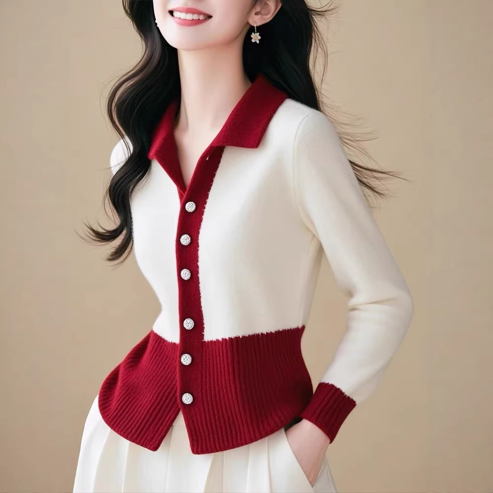 Áo len cardigan nữ cổ V dệt kim tay dài phối màu ôm dáng — Đánh vần màu đỏ và trắng chi tiết 4