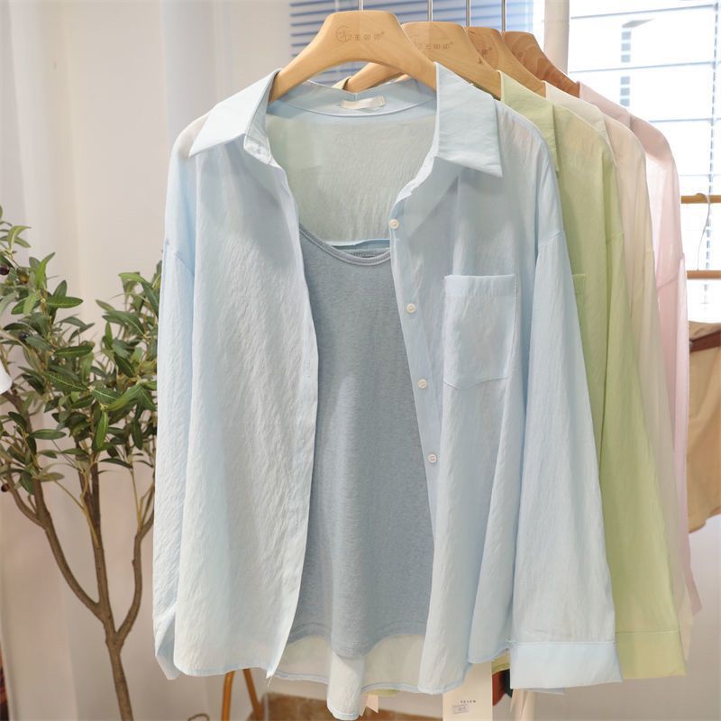 Light Blue Drapey Tencel Shirt for Women 2026 Spring and Summer Korean Style Loose Casual Thin Shirt Long-Sleeved Sun Protection Top Light Blue Drapey Tencel Shirt for Women 2026 Spring and Summer Korean Style Loose Casual Thin Shirt Long-Sleeved Sun Protection Top