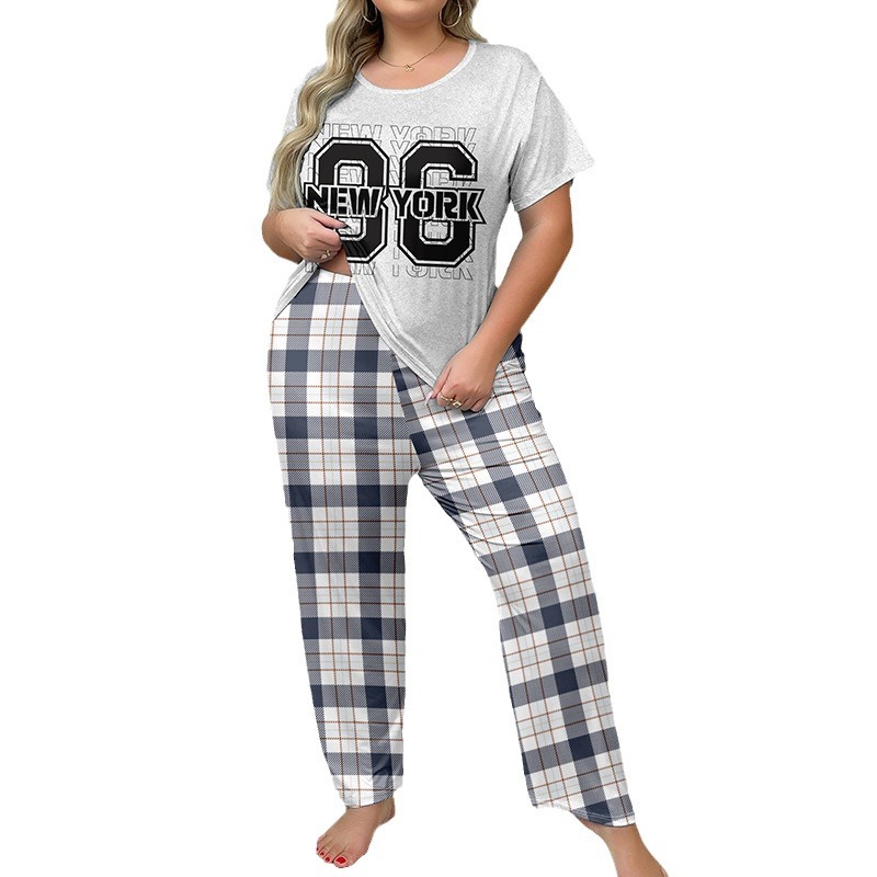 Women's Plus Size Pajamas European American Style Short Sleeved Plaid Pajama Pants Milk Silk 96 Home Wear Summer Sleepwear_voghion.com