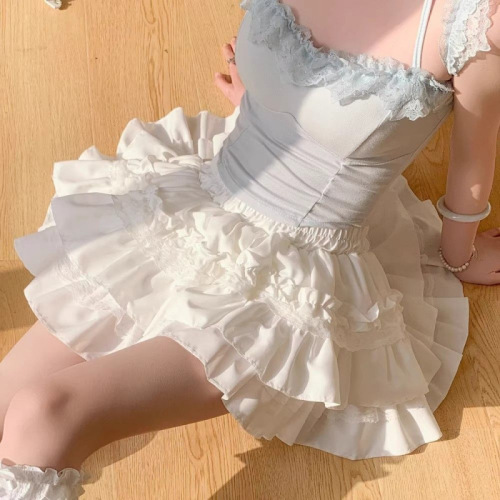 White lace cake-puff skirt for women, sweet half-body skirt A-line skirt, high-waisted, slimming, prevents exposure, ballet style short skirt