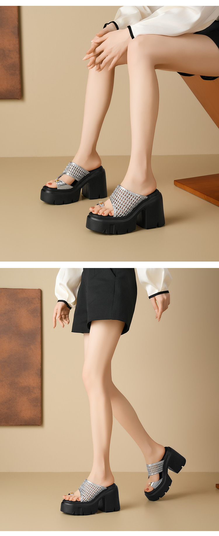 Dép sandal cao gót nữ quai ngang đan gót thô 12 cm đế tăng chiều cao — Màu đen, Màu vàng nhạt, Màu trắng, Màu bạc chi tiết 12